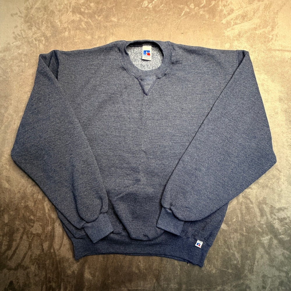 VTG Russell Athletic Sweatshirt Mens L Blue Heathered Crewneck V-Stitch Pullover
